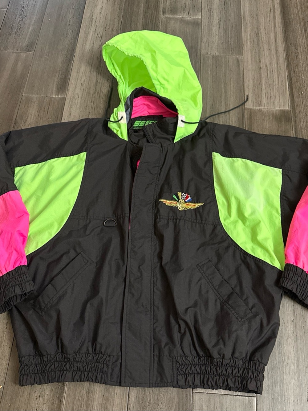 Vtg 90s Sport Service Indianapolis Motor Speedway Windbreaker Jacket Neon XL